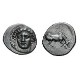 Thessaly. Larissa. c. 400-370 BC. Drachm, 6.07g (7h). Obv: Facing head of nymph Larissa. Rx: