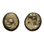 Mysia. Cyzicus. c. 520-450 BC. EL Stater, 16.00g (2h). Obv: Helmet left, tunny below. Rx: