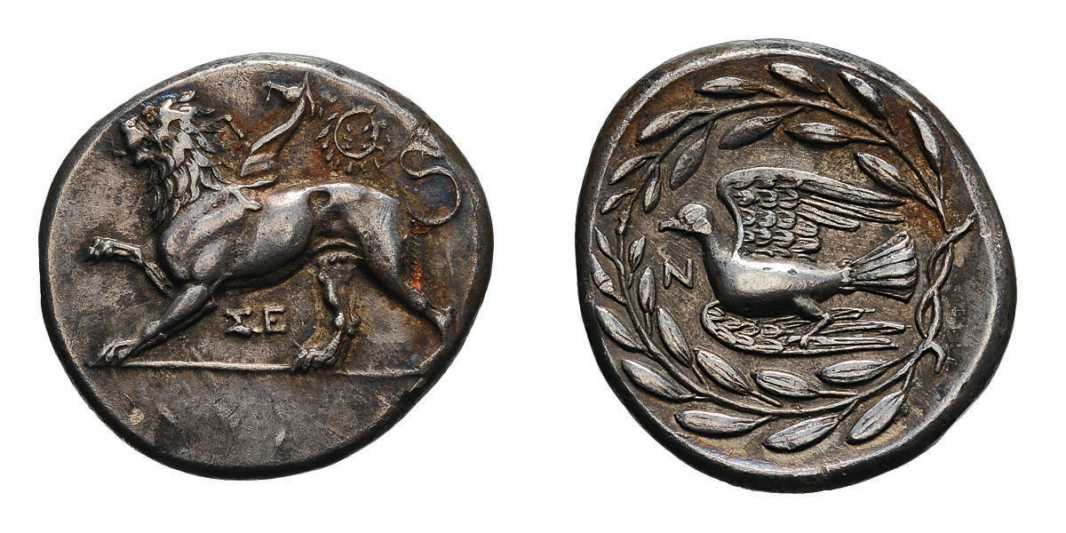 Sicyonia. Sicyon. c. 340/330 BC. Stater, 12.23g (8h). Obv: Chimera stepping left, ΣΕ below, wreath