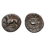 Sicyonia. Sicyon. c. 340/330 BC. Stater, 12.23g (8h). Obv: Chimera stepping left, ΣΕ below, wreath