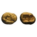 Kingdom of Lydia, Croesus. 587/583-547 or 546 BC. Heavy Gold Stater, 10.78g (10h). Obv: Forepart
