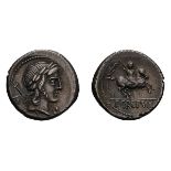 Pub. Crepusius. Denarius, 3.89g (10h). 82 BC. Obv: Laureate head of Apollo right, scepter over