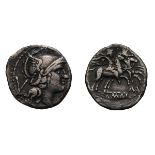 MA, struck by P. Manlius Vulso. Quinarius, 1.91g (2h). Sardinia, 210 BC. Obv: Helmeted head of