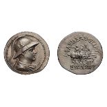 Bactria. Eucratides. c. 170-145 BC. Tetradrachm, 16.05g (11h). Obv: Helmeted bust of Eucratides