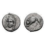 Lucania, Velia. 330 BC. Didrachm, 7.13g (4h). Obv: Head of Athena three-quarter face to left,