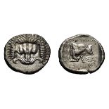 Ionia, Samos. c. 400 BC. Tetradrachm, 15.35g (6h). Obv: Lions' scalp. Rx: Forepart of bull right,