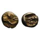 Uncertain Mint in Ionia. c. 600-550 BC. Hemihekte--1/12 stater, 1.18g (12h). Obv: Head of ram