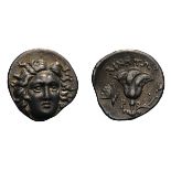 Caria. Rhodes. c. 205-188 BC. Drachm. Ainetor, magistrate, 2.63g (10h). Obv: Head of Helios facing