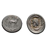 Sicily. Syracuse. Hieron I. c. 474-450 BC. Tetradrachm, 17.33g (3h). Obv: Charioteer driving walking