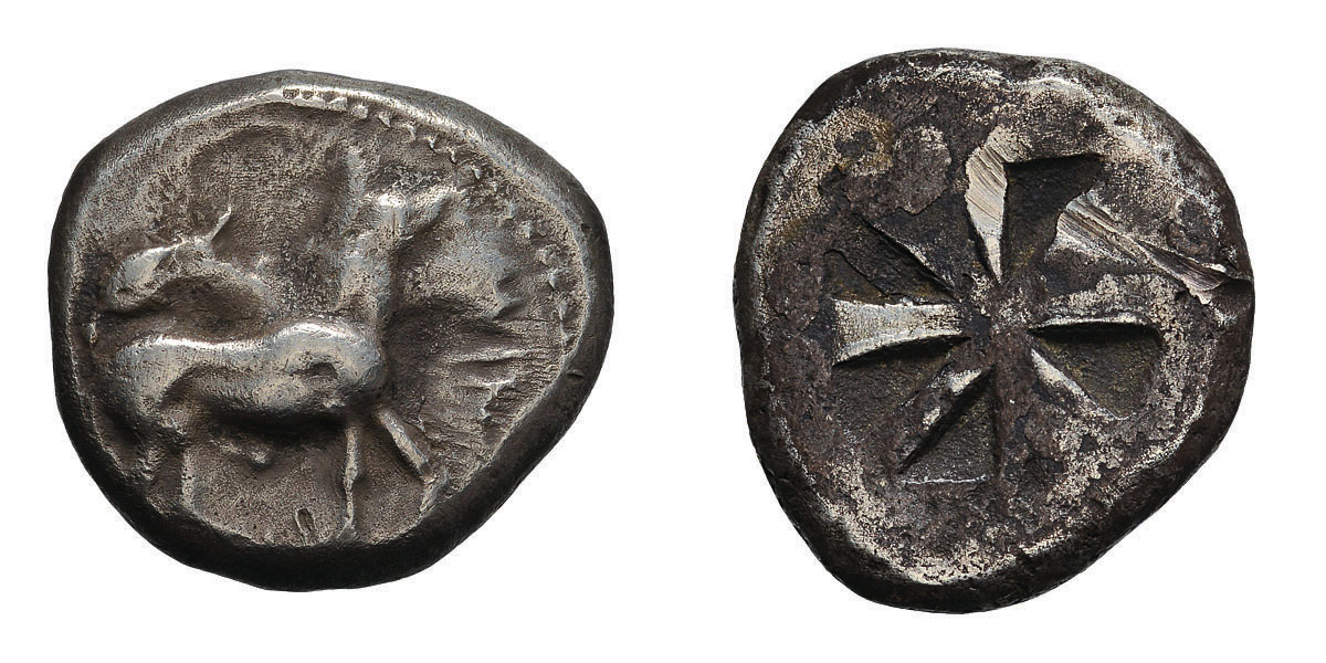 Chalcidian District. Mende. c. 520-480 BC. Tetradrachm, 17.03g (11h). Obv: Ityphallic donkey