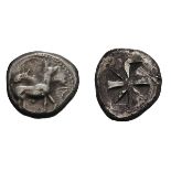 Chalcidian District. Mende. c. 520-480 BC. Tetradrachm, 17.03g (11h). Obv: Ityphallic donkey