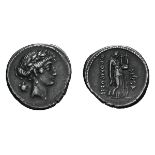 Q. Pomponius Musa. Denarius, 3.69g (12h). Rome, 56 BC. Obv: Laureate head of Apollo right,