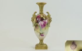 Royal Worcester Hand Painted Twin Handled Vase, Raised on a Gold Painted Square Base ' Roses '