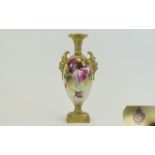 Royal Worcester Hand Painted Twin Handled Vase, Raised on a Gold Painted Square Base ' Roses '