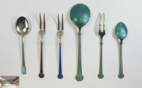 David Anderson Norway Small Selection of Silver and Enamel Forks and Spoons ( 6 ) Items In Total.