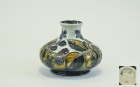 Moorcroft Onion Shaped Tube lined Squat Vase ' Blackberry - Floral Leaf ' Design. Date 1996,