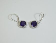 Amethyst Drop Earrings, cushion cut solitaire, rich purple amethysts of 2cts each,
