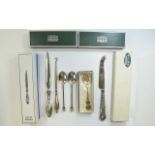 A Small Collection of Boxed Silver Items ( 5 ) In Total. Comprises 1/ A Silver Embossed Fruit Knife.