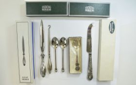 A Small Collection of Boxed Silver Items ( 5 ) In Total. Comprises 1/ A Silver Embossed Fruit Knife.