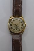 A Fine Gold Plated 1920's Mechanical Gents Watch, Attached to a Period Leather Strap.