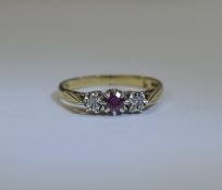 9ct Yellow Gold 3 Stone Ruby and Diamond Ring. Fully Hallmarked.