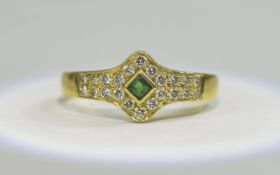 18ct Yellow Gold Set Diamond and Emerald Cluster Ring, The Central Emerald of Good Colour,