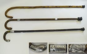 A Collection of Antique Walking Sticks, Two Sticks with Silver Hallmarked Mounts,