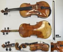 German Late 19th Century Factory Made 3/4 Violin and Bow. Stradivarius Label to Interior of Violin.