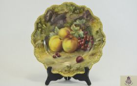 Royal Worcester Hand Painted and Shaped Cabinet Plate ' Fallen Fruits ' c.1928. Signed T. Lockyer.