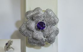 Floral Amethyst Set Statement Ring, two layers of textured, curved petals, coated in platinum,