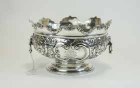 Victorian - Impressive and Quality Lion Mask Twin Handle Silver Punch Bowl with Coronets Designed,