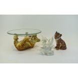 Collection of 3 Animal Theme Ornaments to include 1 resin tiger cub with glass bowl,