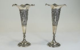 Indian 19th Century Pair of Embossed Tulip Shaped Pair of Silver Vases, 900 Silver.