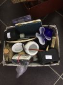 Box of Miscellaneous comprising cameras, flatware, pottery, full tobacco tin etc.