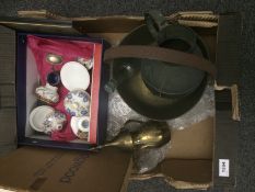 Box of Assorted Ceramics and Collectables including brass jam pan, Wedgwood boxed plate,