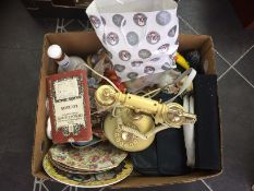 Box of Miscellaneous comprising pottery, textiles, woodenware,