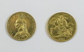 Victoria Jubilee Head 22ct Gold Two Pound Coin. Date 1887.