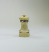 A Victorian - Solid Turned and Carved Ivory and Silver Banded Pepper mill.