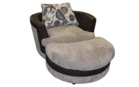 A Modern, Stylish and Large - Leather and Chord Swivel Armchair and Matching Pouffe of Generous