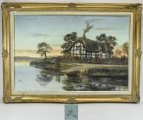 Keith Sutton Oil On Canvas - Country Landscape showing river bank and thatched cottage in moulded