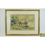 Watercolour Painting by Rowland Hill. Rural Scene showing cottages at Parkmore County Antrim. Signed