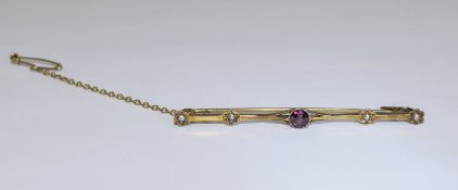 Ladies - Nice Quality 9ct Gold Amethyst and Seed Pearl Bar Brooch with Attached 9ct Gold Safety