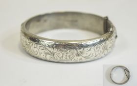 Edwardian Silver Hinged Bangle with Stylised Floral Engraving to Outer with Attached Safety Chain.