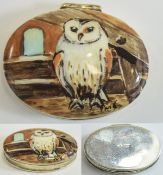 Elizabeth II Oval Shaped and Hinged Silver Pill Box, With Painted Image of Barn Owl to Cover.