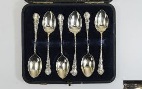 Edwardian - Nice Quality Set of Six Fancy and Ornate Silver Teaspoons, In Original Box.