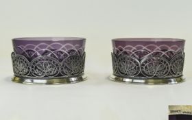 Russian - Fine Pair of Silver Alloyed and Amethyst Glass Circular Dishes. Mid 20th Century.