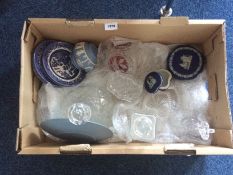 Box Of Assorted Glass Ware And Ceramics including decanters, trinket boxes,