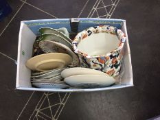 Box Of Misc pottery and Collectables Comprising Ribbon/Cabinet Plates, Jardiniere, Jugs,