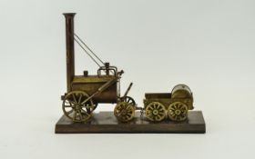 Metal Coppertone Model Of Stephenson's Rocket, Mounted on A Mahogany Base,