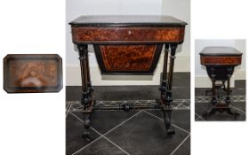 Victorian Period Nice Quality Burr Walnut and Ebonised Sewing Table - Work Box With Marquerty